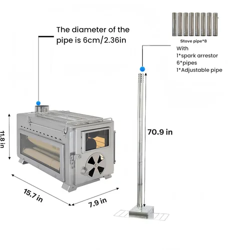 Miniatura 5 de Estufa de leña portátil Dandelion shell para acampar con vidrio de visualización y función de cocción, 8 chimeneas de acero inoxidable para refugio