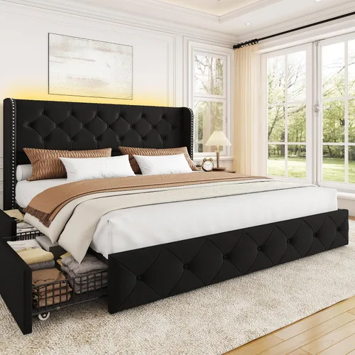 Miniatura 16 de BRELTAM Marco de Cama Tamaño Queen con Cajones de Almacenamiento y Cabecero Wingback Tapizado en Terciopelo Marco de Cama Plataforma Camas Blanco