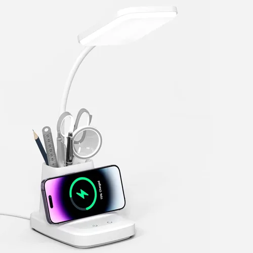 Miniatura 10 de Lámpara de escritorio Vicsoon con cargador inalámbrico, lámpara de escritorio LED para oficina en casa con soporte para bolígrafo, luz de escritorio