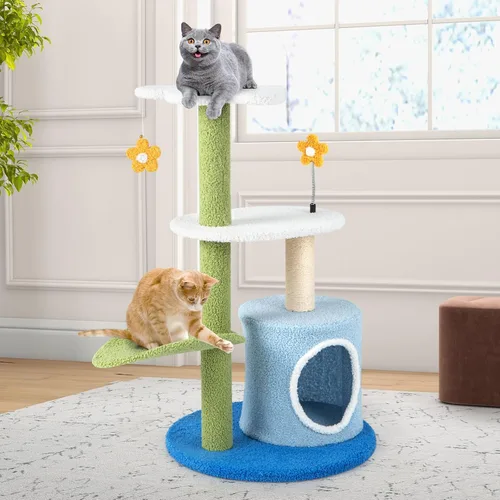Miniatura 3 de Tangkula Bonito árbol para gatos, torre para gatos de flores con poste rascador de sisal, perca en forma de hoja de felpa, condominio espacioso