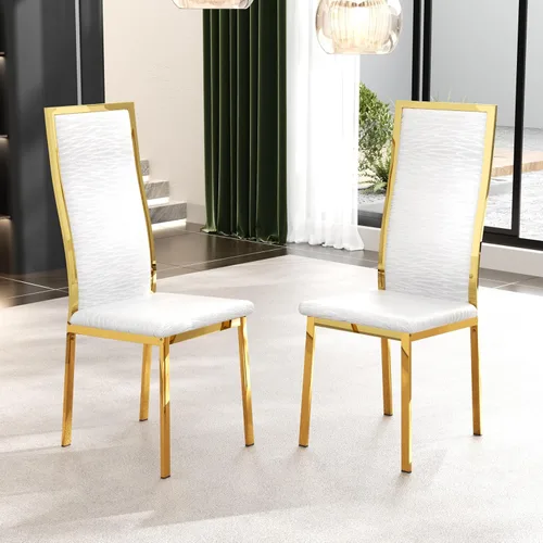 Miniatura 15 de Juego de 4 sillas de comedor modernas, de piel sintética blanca con patas de metal cromado dorado, diseño de respaldo alto curvo y acolchado