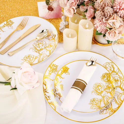 Miniatura 2 de DaYammi 210 platos de plástico dorados, vajilla desechable floral de oro blanco que incluye 30 platos llanos, 30 platos de ensalada, 30 servilletas