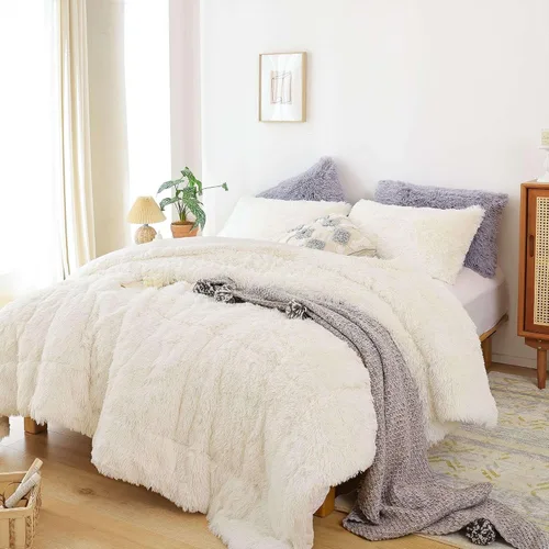 Miniatura 13 de Smoofy Juego de edredón esponjoso de tamaño Full, juego de edredón rosa de piel sintética, juego de ropa de cama mullido de lujo, juego de ropa