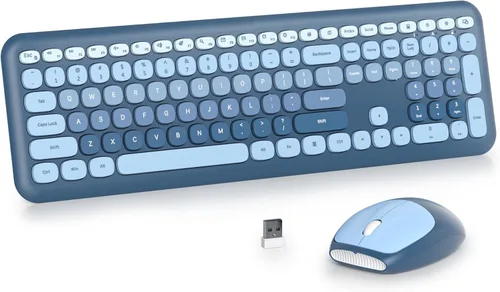 Miniatura 16 de Combo de teclado y mouse inalámbricos de 104 teclas, tamaño completo, color azul con teclas redondas silenciosas, ideal para portátiles y Azul blanco