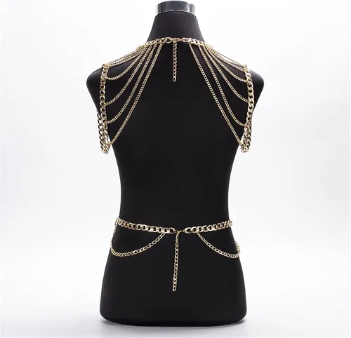 Miniatura 5 de Cadenas de cuerpo para mujer, cadena de hombro de metal grueso dorado, collar de cadena de hombro, arnés de decoración de vestido, cadena de cintura