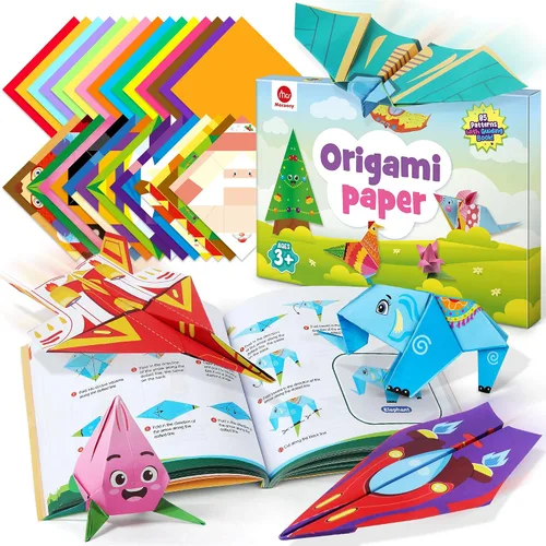 Mocoosy Kit de origami de 320 hojas para niños de 5 a 8 y de 9 a 12 años, kit de aviones de papel, juego de papel para doblar de colores con libro