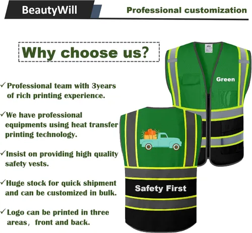 Miniatura 3 de BeautyWill Chaleco de seguridad, paquete de 10 chalecos reflectantes de alta visibilidad clase 2 con 5 bolsillos, chaleco de construcción, normas