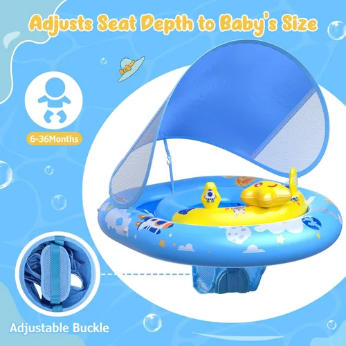 Miniatura 3 de WayEee Flotador de piscina para bebé con toldo UPF50+, flotador de natación inflable, asiento de seguridad ajustable, consola de juegos de juguete