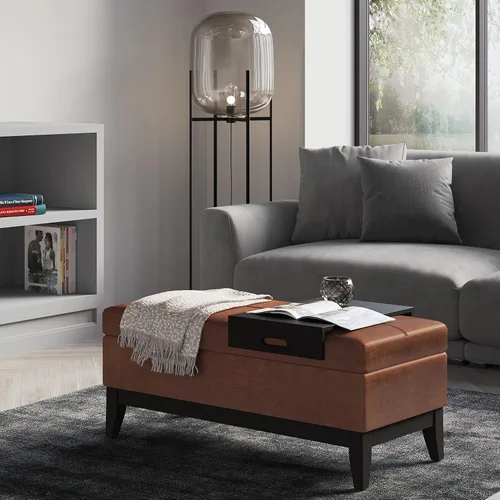 Miniatura 2 de SIMPLIHOME Oregon - Banco otomano de almacenamiento con bandeja, banco otomano rectangular de cuero vegano de 42 pulgadas de ancho, color marrón