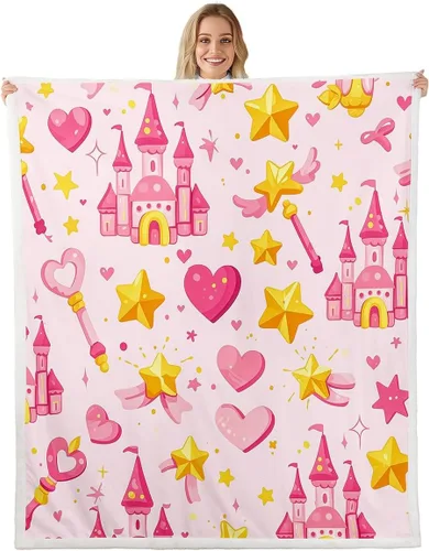 Miniatura 19 de Princess Flannel Blanket All Seasons,Rainbow Cloud Stars Butterfly Bed Blanket for Kawaii Home Decor,Dreamy Fairy Tale Castle Blanket for Kids Girls