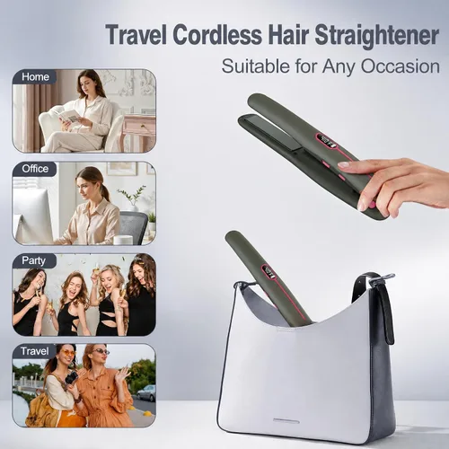 Miniatura 9 de Cepillo alisador de pelo inalámbrico, mini plancha plana recargable con control digital de temperatura (320-410°F), placas de titanio no dañadoras
