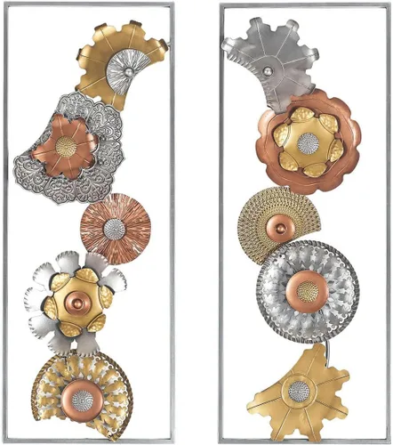 Asense Juego de 2 flores de metal para colgar en la pared con marco, 36 x 14 pulgadas, esculturas modernas de arte de pared de metal dorado para