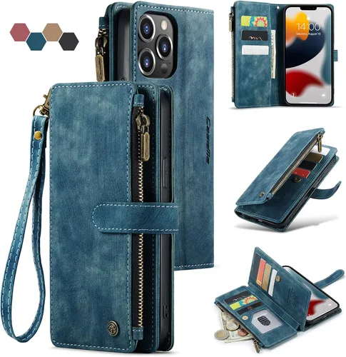 Miniatura 8 de Funda compatible con iPhone 13 Pro Max 5G con tarjetero y función atril magnético, con cremallera, bolsillo, correa de muñeca, funda de cuero