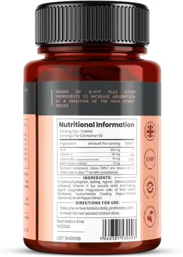 Miniatura 8 de Alta absorción 5HTP 300mg x 90 tabletas - 3 meses de suministro. con vitamina C, B6 y extracto de pimienta negra