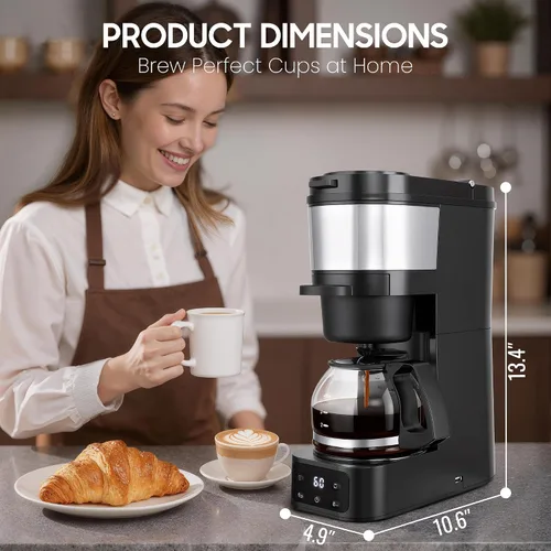 Miniatura 2 de ATSENT Cafetera de Moler y Preparar Café, Cafetera de Goteo con Molinillo Integrado, Máquina de Café Programable de 5 Tazas con Intensidad