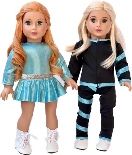 Miniatura 7 de Super Skater - Ropa para muñecas de 18 pulgadas, 2 trajes completos de patinaje sobre hielo, 5 piezas, leotardo, falda, pantalones, chaqueta y 1 par