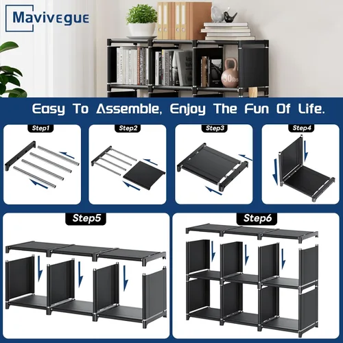 Miniatura 8 de Mavivegue Estante para libros, organizador de almacenamiento de 6 cubos, estantería de bricolaje, estantería de cubo de metal, estantería alta