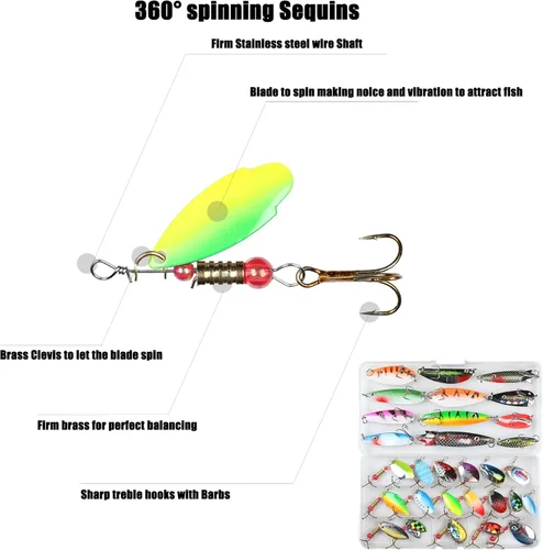 Miniatura 6 de EXAURAFELIS 10/30 piezas Señuelo de pesca Spinnerbait con Ganchos Triples Plumados Señuelos de Cola de Gallo Señuelos de Cuchara para Lubina Salmón