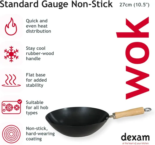 Miniatura 2 de Dexam 12108411 Wok antiadherente de acero al carbono con mango de madera 10.6 in/10.5 pulgadas, negro (revestimiento antiadherente)