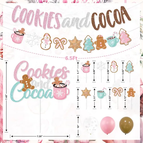 Miniatura 3 de Decoraciones de fiesta de galletas y cacao, banner de galletas rosas y cacao, banner navideño de hombre de jengibre, globos para adorno de pastel
