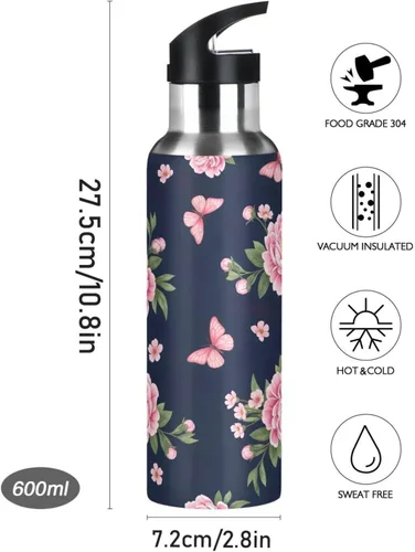 Miniatura 9 de Pink Peonies Botella de agua aislada de 20 onzas, botella de agua deportiva sin BPA con popote a prueba de fugas