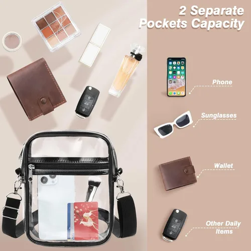 Miniatura 4 de MoKo Bolsa transparente aprobada para estadios, bolsa cruzada transparente, impermeable, bolsillo de PVC, Negro -, Paquete de 2