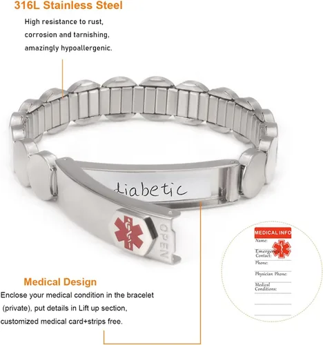 Miniatura 3 de Pulseras de identificación de alerta médica para mujer, pulsera elástica ajustable de emergencia de acero inoxidable plateado de 7.48 pulgadas