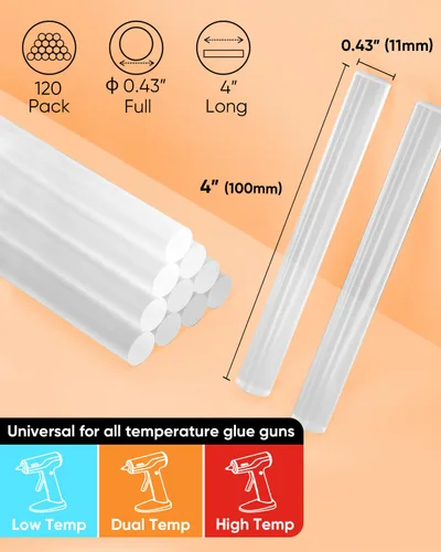 Miniatura 3 de SHALL Barras de pegamento caliente de tamaño completo, 0.43 pulgadas de diámetro x 4 pulgadas de largo, paquete de 120 barras de pegamento