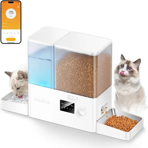 Rojeco Comedero automático para gatos de 36 tazas/8.5L con WiFi y dispensador de agua por gravedad, tazones de acero inoxidable 2 en 1 de gran Blanco