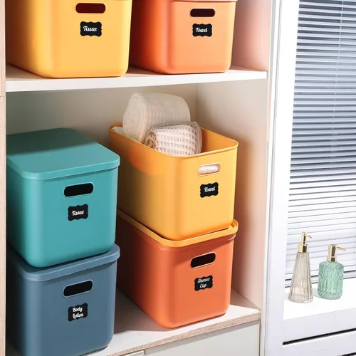 Miniatura 4 de Tanlade 8 contenedores de almacenamiento de plástico apilables con tapa y asa, colorida caja de almacenamiento de escritorio para estantes