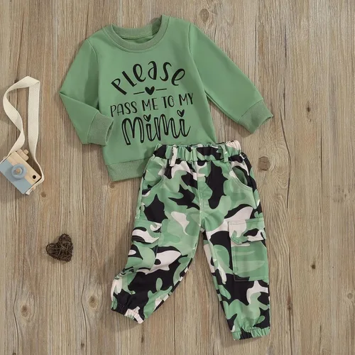 Miniatura 101 de Mandizy Conjunto de ropa de otoño para bebé niña pequeña, sudadera de manga larga con estampado de letras bendecidas, pantalones de camuflaje