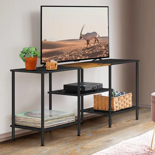 Miniatura 6 de BTY Soporte de TV de 50 pulgadas con centro de entretenimiento de 3 niveles y estantes de almacenamiento, consola de televisión pequeña y alta