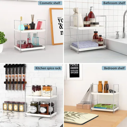 Miniatura 3 de Estante de especias de cocina de 2 niveles, organizador de encimera de baño, bandeja de tocador, almacenamiento de cosméticos y maquillaje, estante