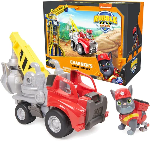 Rubble & Crew, camión juguete Charger’s Crane Grabber con partes móviles y una figura de acción coleccionable, juguetes para niños mayores de 3 años
