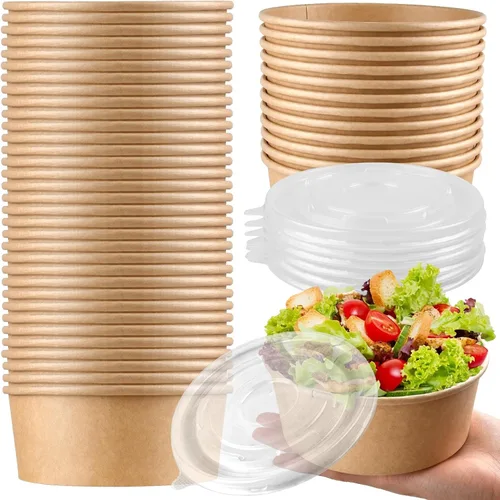 50 cuencos desechables de papel kraft con tapas, cuencos de papel de 25 onzas a prueba de fugas, suministros desechables para fiestas para servir