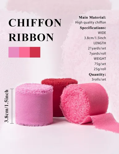 Miniatura 2 de Cinta de gasa, decoración de fiesta del día de San Valentín, 1.5 x 21 yardas, color rosa y rojo deshilachado, cintas de seda hechas a mano