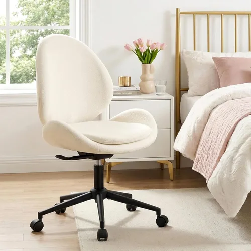 Miniatura 8 de Furniliving Silla de escritorio de felpilla sin brazos con ruedas, silla tapizada de oficina en casa con cojín de doble capa, silla giratoria Blanco