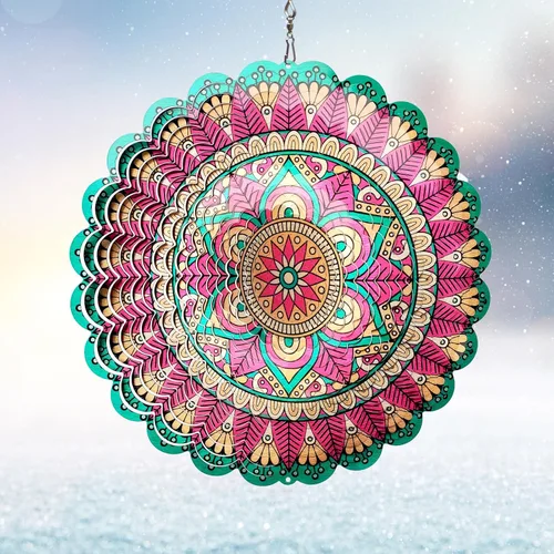 Miniatura 15 de Mandala Blossom Wind Spinner - Molinillos de Viento de Metal Escultura de Viento Colgante Cinética 3D de 12 pulgadas Cortada con Láser
