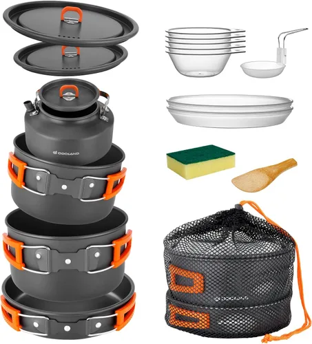 Miniatura 7 de Odoland 15pcs Camping Cookware Non-Stick Lightweight Camping Pots and Pans Set with Kettle Plastic Plates Bowls Soup Spoon for Camping, Backpacking