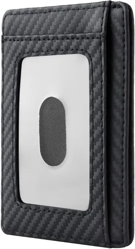 Miniatura 3 de Travelambo Cartera delgada de cuero minimalista con bolsillo frontal, bloqueo RFID, textura de fibra de carbono