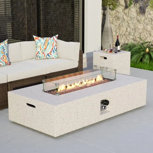 Miniatura 15 de COSIEST mesa de fogata a propano para exteriores de 35 pulgadas cuadrada de arenisca con protector contra el viento y mesa lateral, certificada