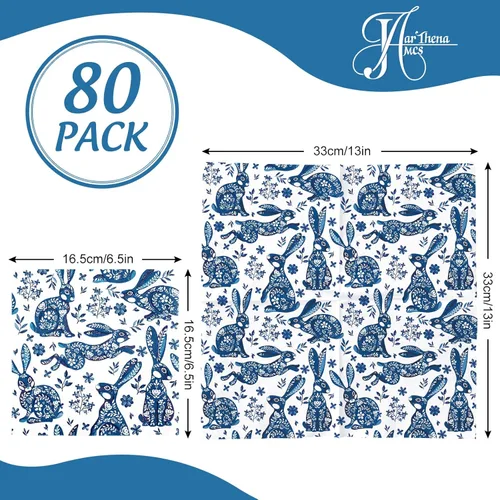 Miniatura 2 de JarThenaAMCS Paquete de 80 servilletas de papel de Pascua Chinoiserie conejito desechables azul y blanco conejo decorativo para cena de Pascua