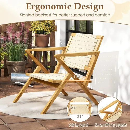 Miniatura 7 de Tangkula Silla de comedor de madera de teca para exteriores, sillón rústico de madera para patio con asiento y respaldo de cincha, para sala