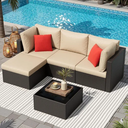 Shintenchi - Juego de muebles de patio de 5 piezas para exteriores para todo tipo de clima, juego de sofá seccional de ratán de polietileno, tejido