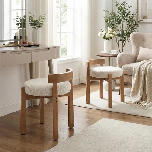Miniatura 6 de DUOMAY Taburete de tocador de felpilla beige con respaldo bajo, altura del asiento de 18.75 pulgadas, otomana redonda tapizada, patas de goma