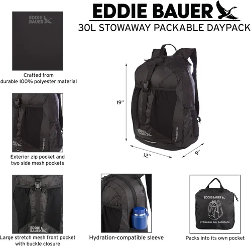 Miniatura 2 de Eddie Bauer Stowaway Mochila Empacable Viaje Exterior Ligera Plegable Duradera Poliéster Ripstop 30L - Cereza Negra