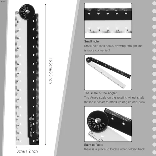 Miniatura 2 de 2 reglas plegables de 11.8 in/12 pulgadas, regla de medición de ángulo plegable de acrílico múltiple, transparente, flexible, en blanco y negro