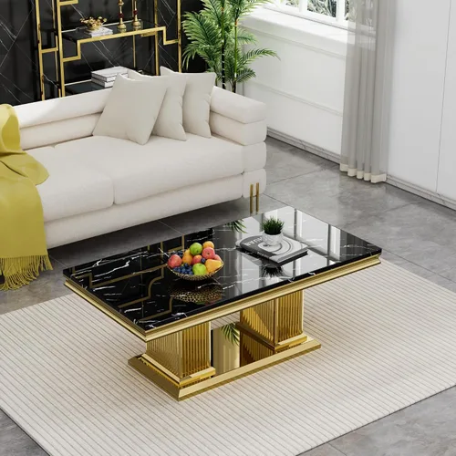 Miniatura 10 de SSLine Mesa de Centro Rectangular de Mármol Sintético para Sala de Estar, Mesa Central Moderna de Mármol Blanco de Lujo con Base Doble en Forma de U