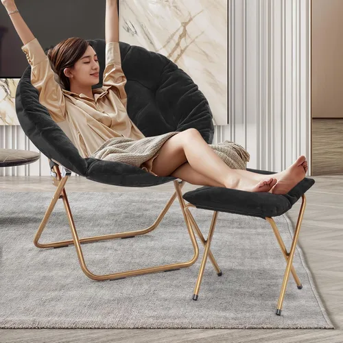 Miniatura 4 de MoNiBloom Silla redonda plegable de piel sintética para dormitorio, sala de estar, dormitorio, marco de metal plegable, de gran tamaño, cómoda, Negro