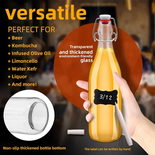 Miniatura 3 de 4 botellas de vidrio con tapa abatible de 25 onzas, 25 onzas, botella de vidrio abatible con tapa hermética para fermentación, kombucha, aguamiel
